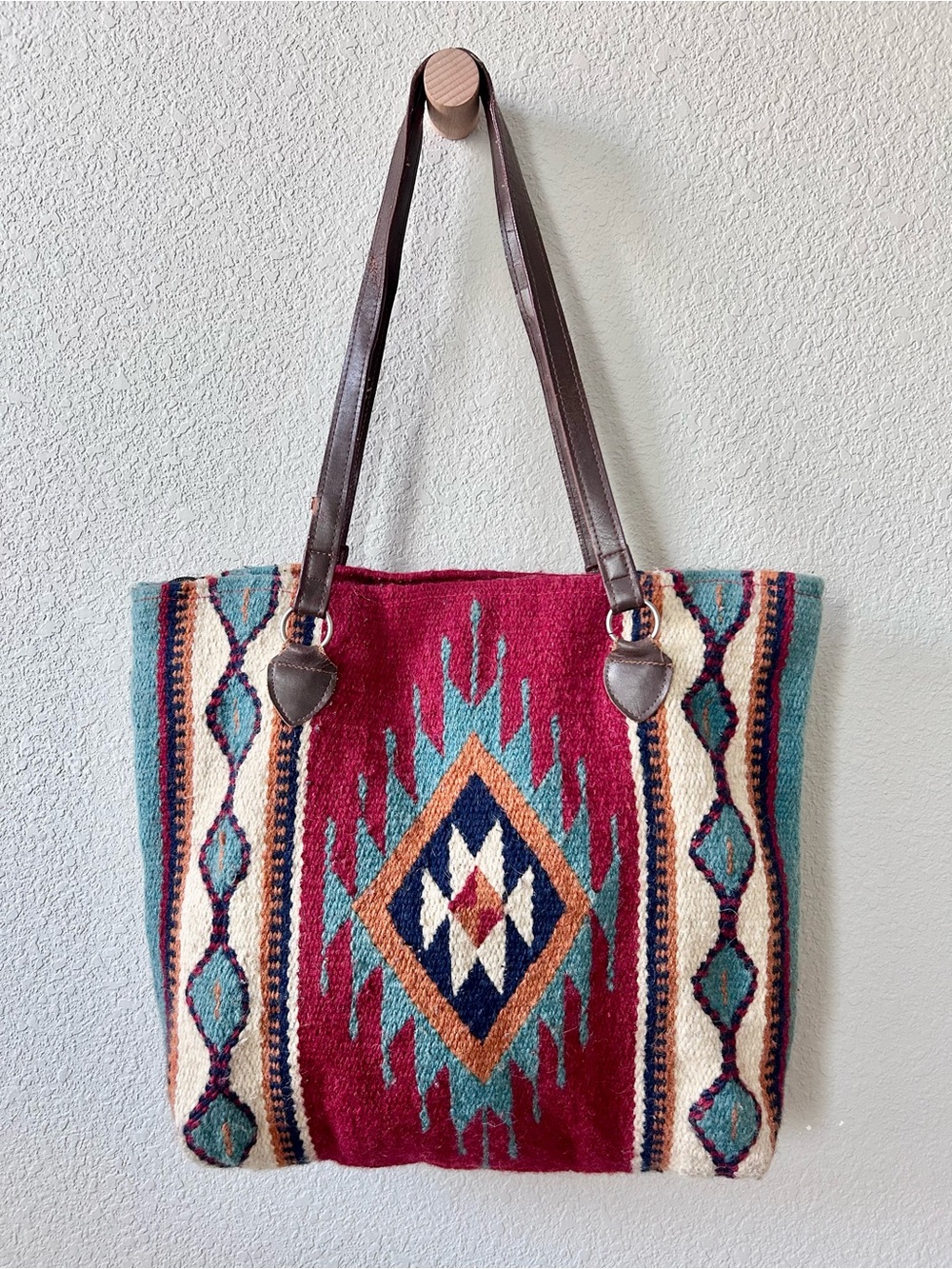 El Paso Saddle Blanket Co Woven Wool Southwestern Aztec Tote Bag Leather Straps